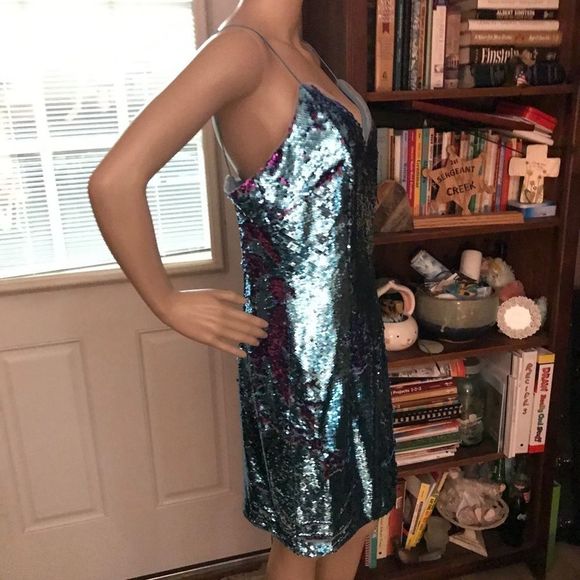 NWT $245 AIDAN MATTOX | Flip Sequin | Dress in Teal (Turquoise) - Picture 6 of 14